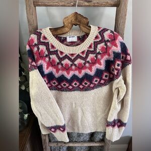 Old Navy Pink and Cream Crew Neck Sweater Fair Isle Style